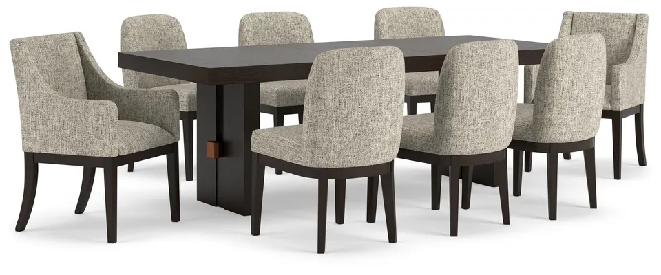 Dark wood dining table with eight upholstered chairs