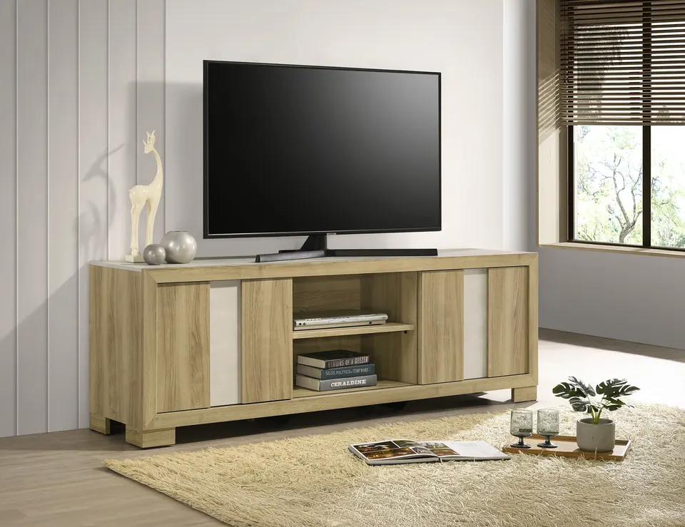 Crown Mark Rangley wood TV console styled in a living room