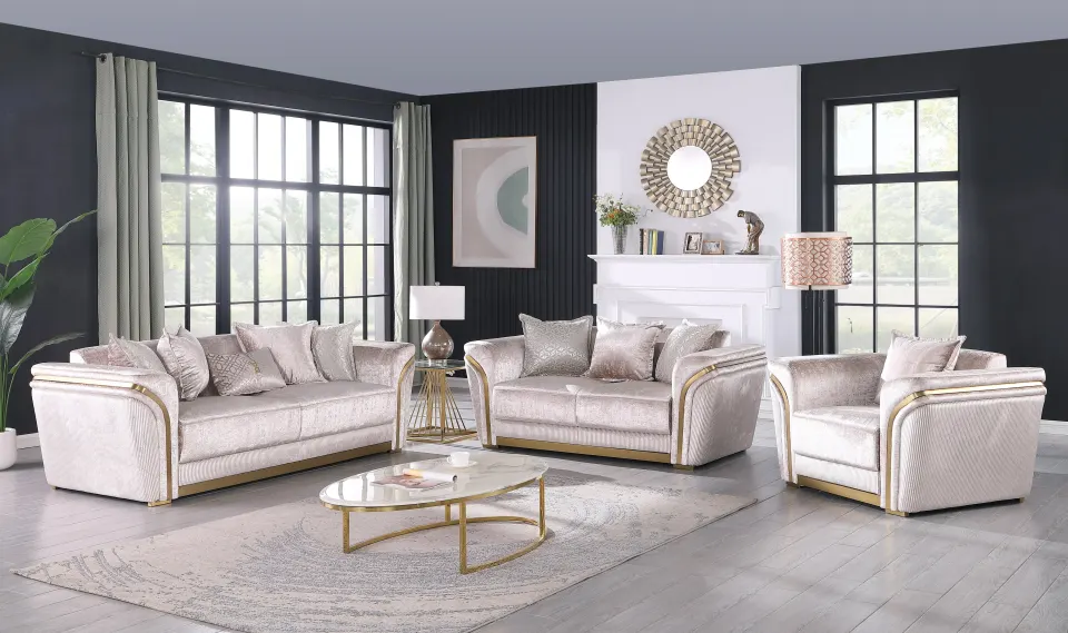 New Era Torino champagne sofa, loveseat and chair with gold trim in a living room with tall windows